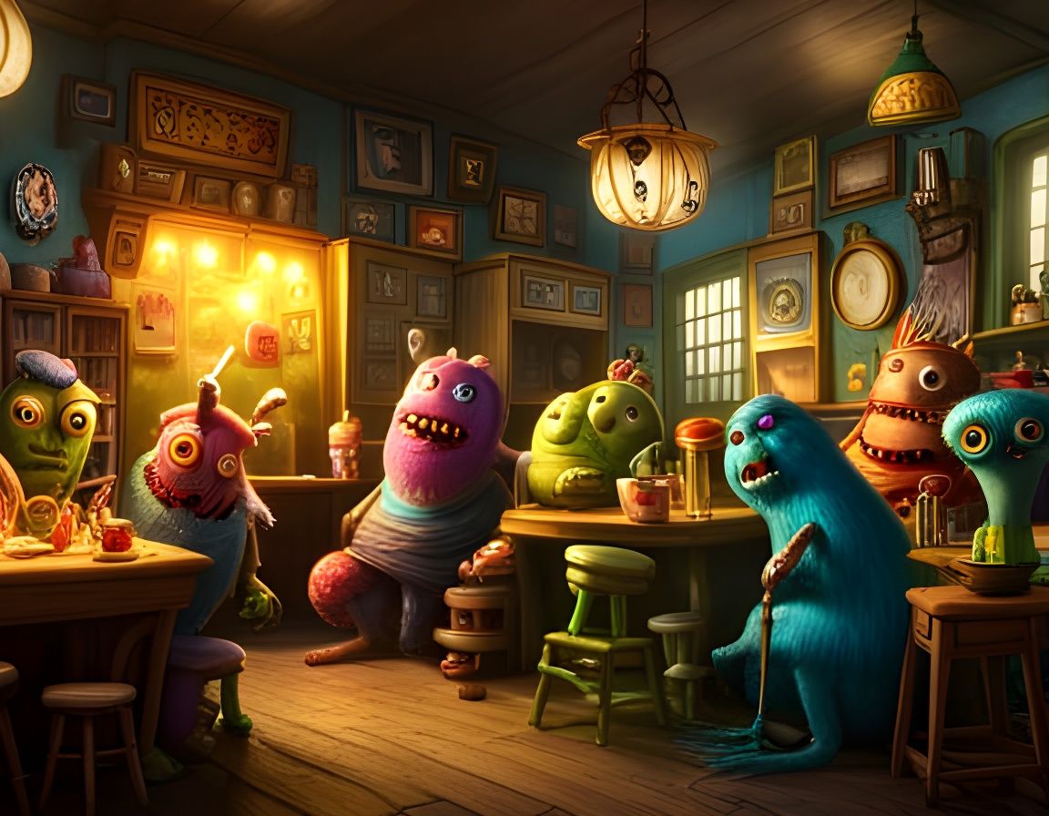 Colorful Monsters in a Whimsical Tavern Scene