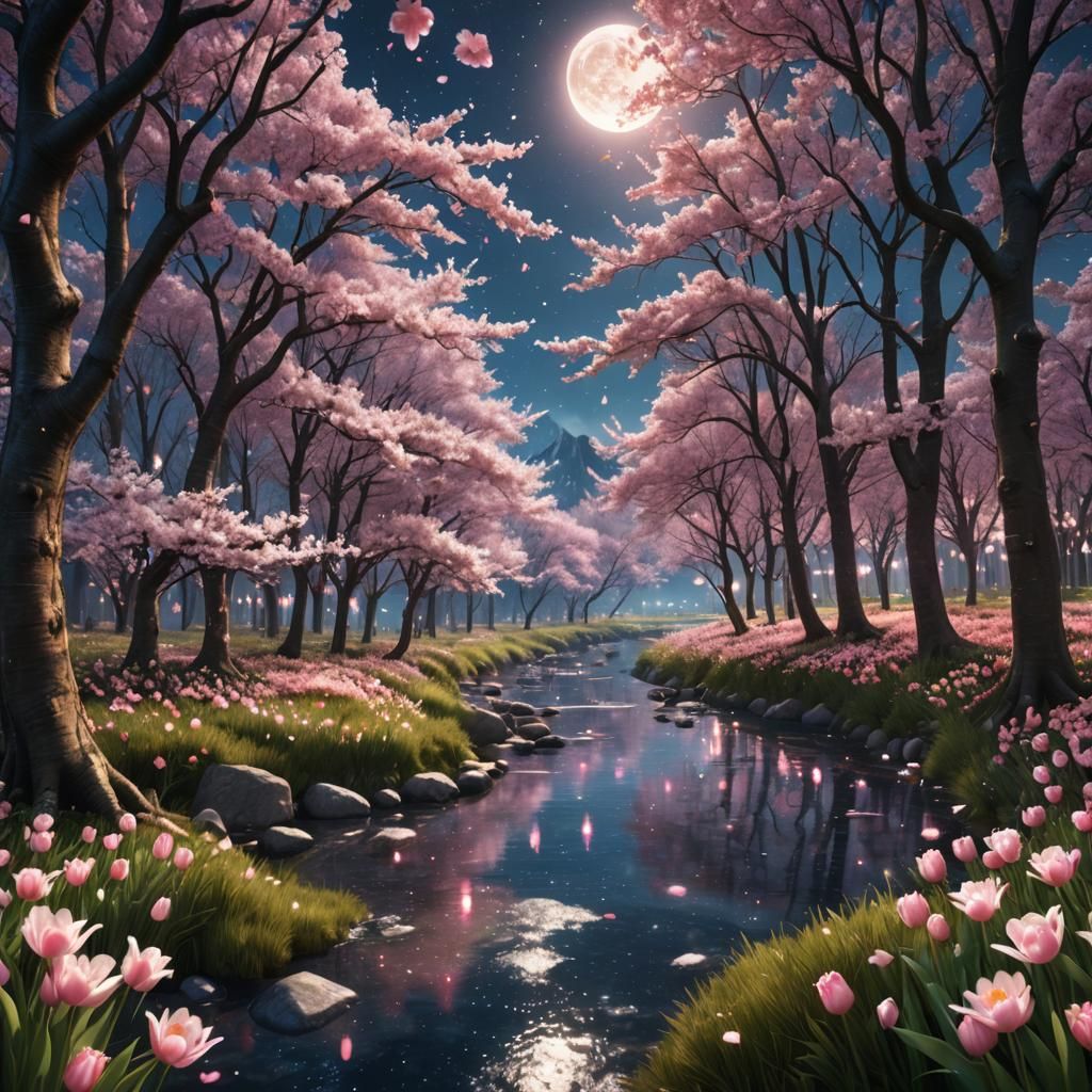 Enchanted Cherry Blossom Forest with Pink Moon