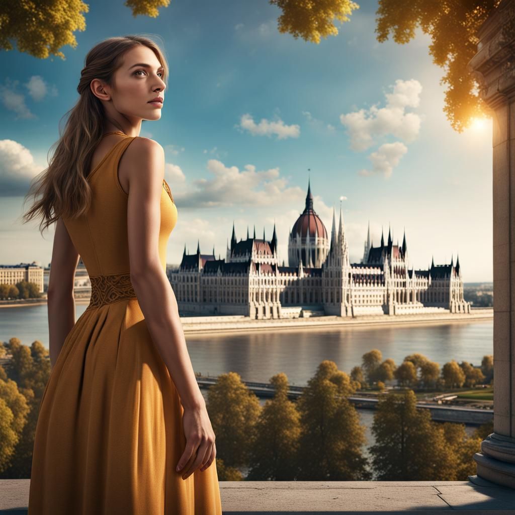 Girl Posing with Budapest Parliament Backdrop