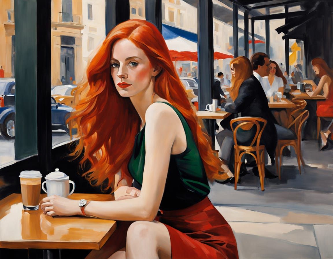 Elegant Woman Sips Coffee in Urban Café