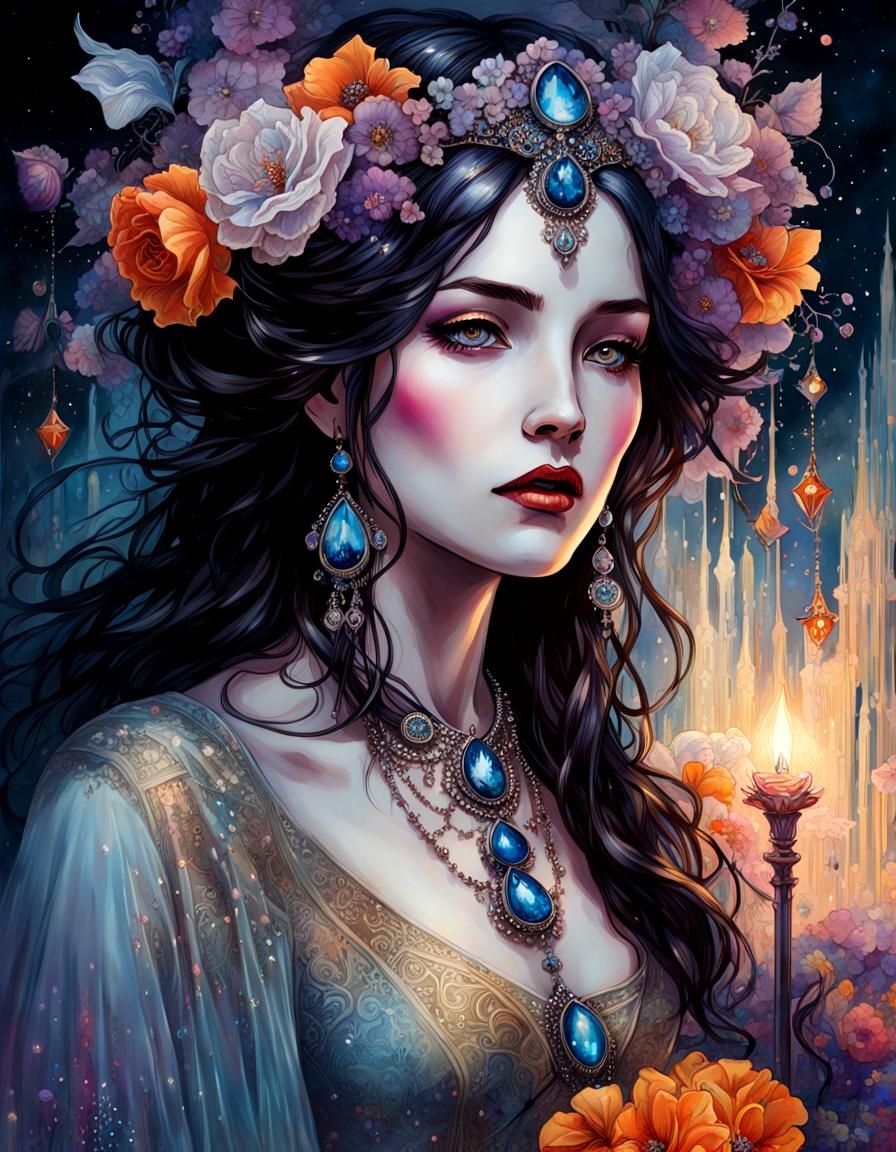 Ghost Goth Queen Portrait in Art Nouveau Style