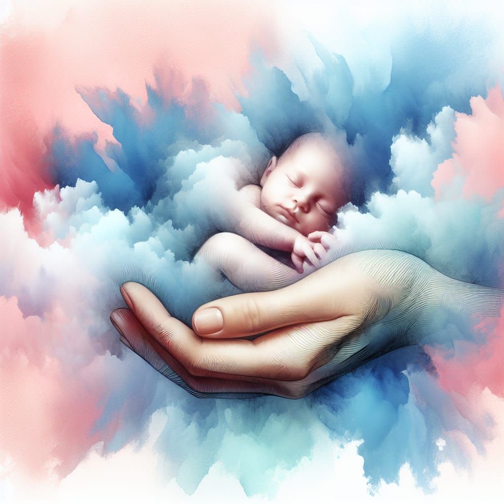 Gentle Hands Swaddling Dreamy Baby with Watercolor Clouds