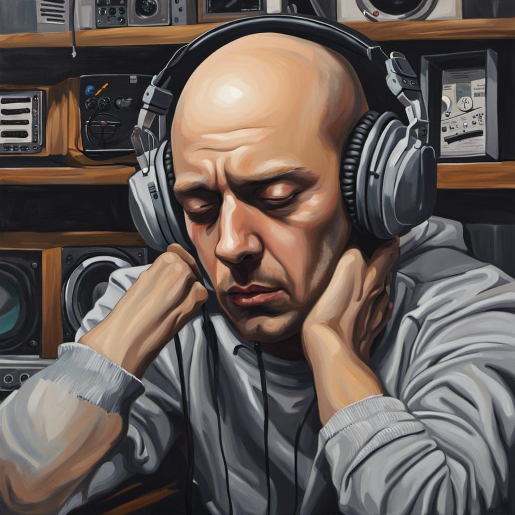 Sad EDM Producer in Home Studio: Realistic Painting