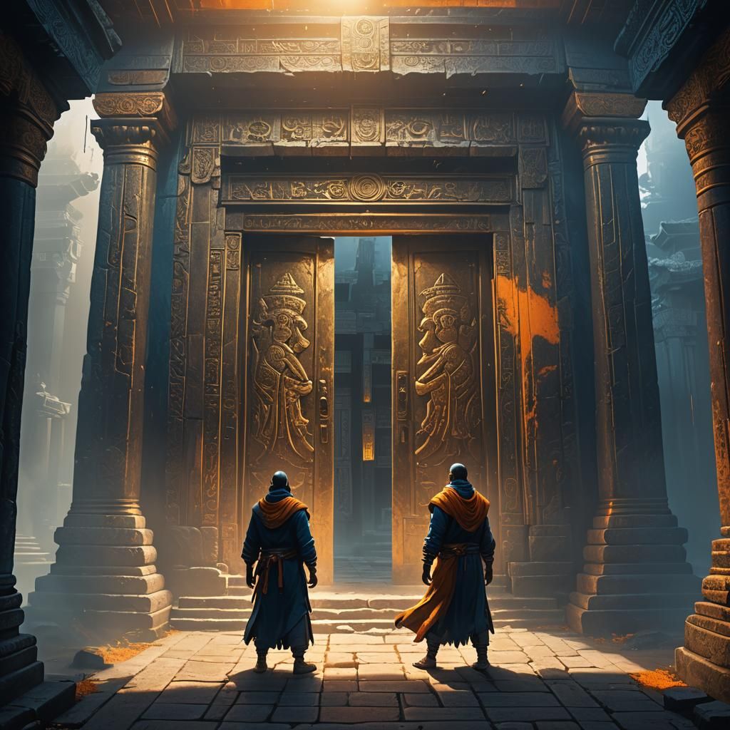 Ancient Temple Doors Open to Dark Figure