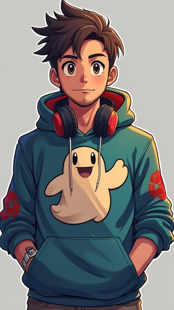Chubby Anime-Inspired Guy with Mario Graphic Hoodie and Head...