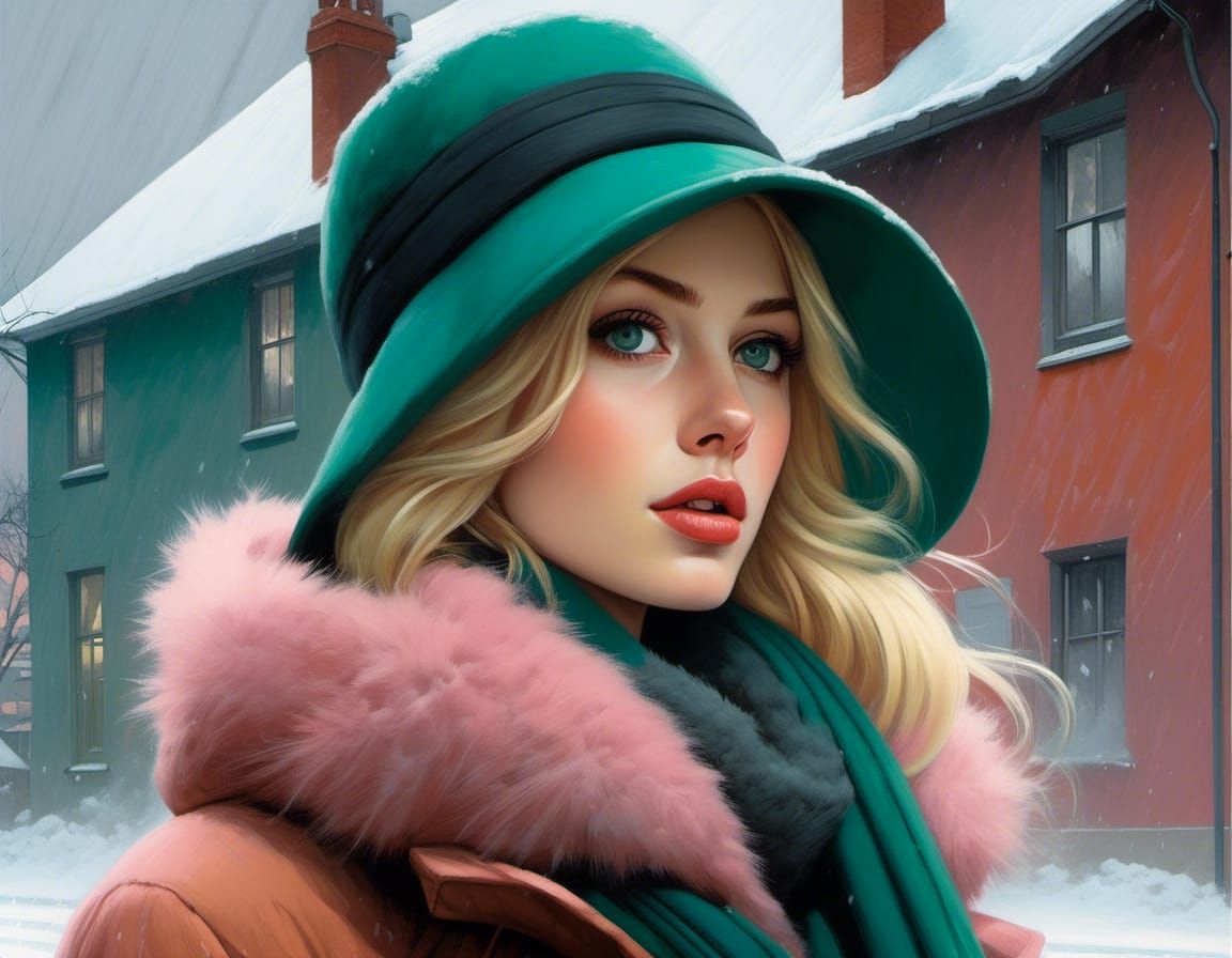 Blonde Woman in Snowy Landscape, Anime Style