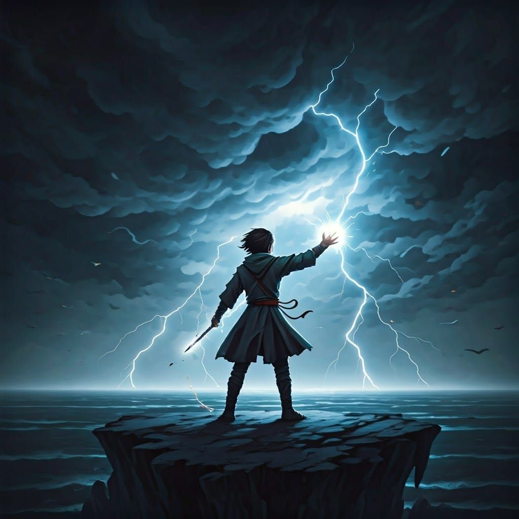 Heroic Youth Confronts the Tempest in Futuristic Style