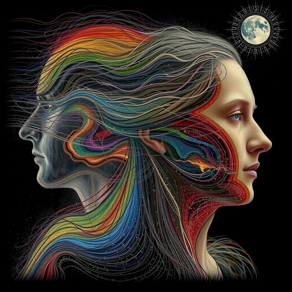 Woman Amidst Conflicting Forces in Digital Art Style