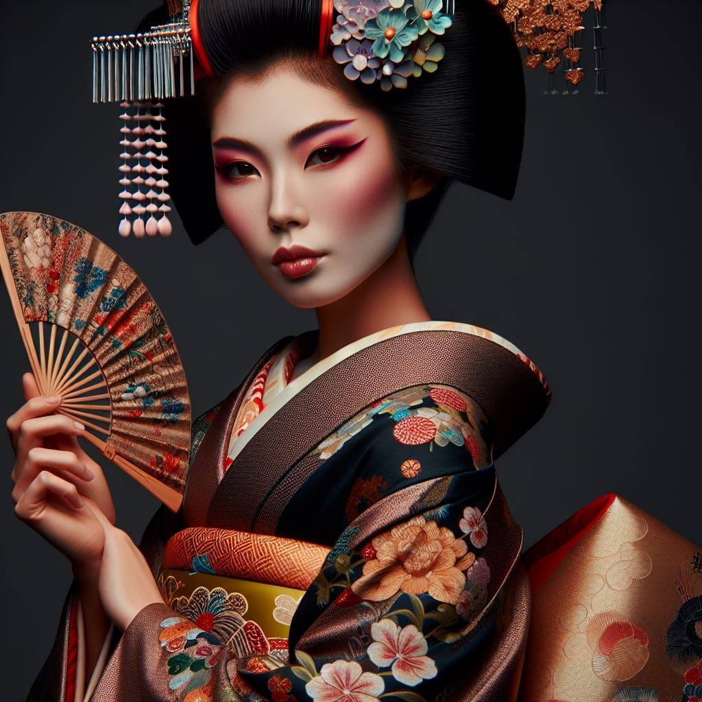 Elegant Geisha in Kimono with Fan