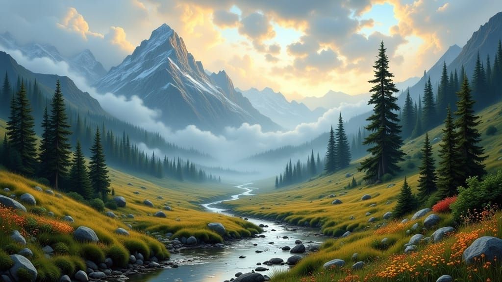 Mountain Dawn Serenity in Realistic Oil Painting Style