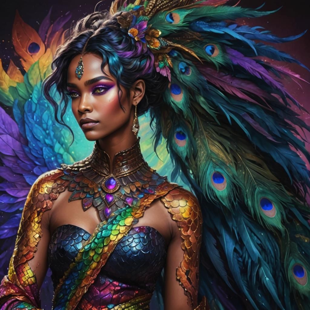 Woman with Dragon Scales and Peacock Hair