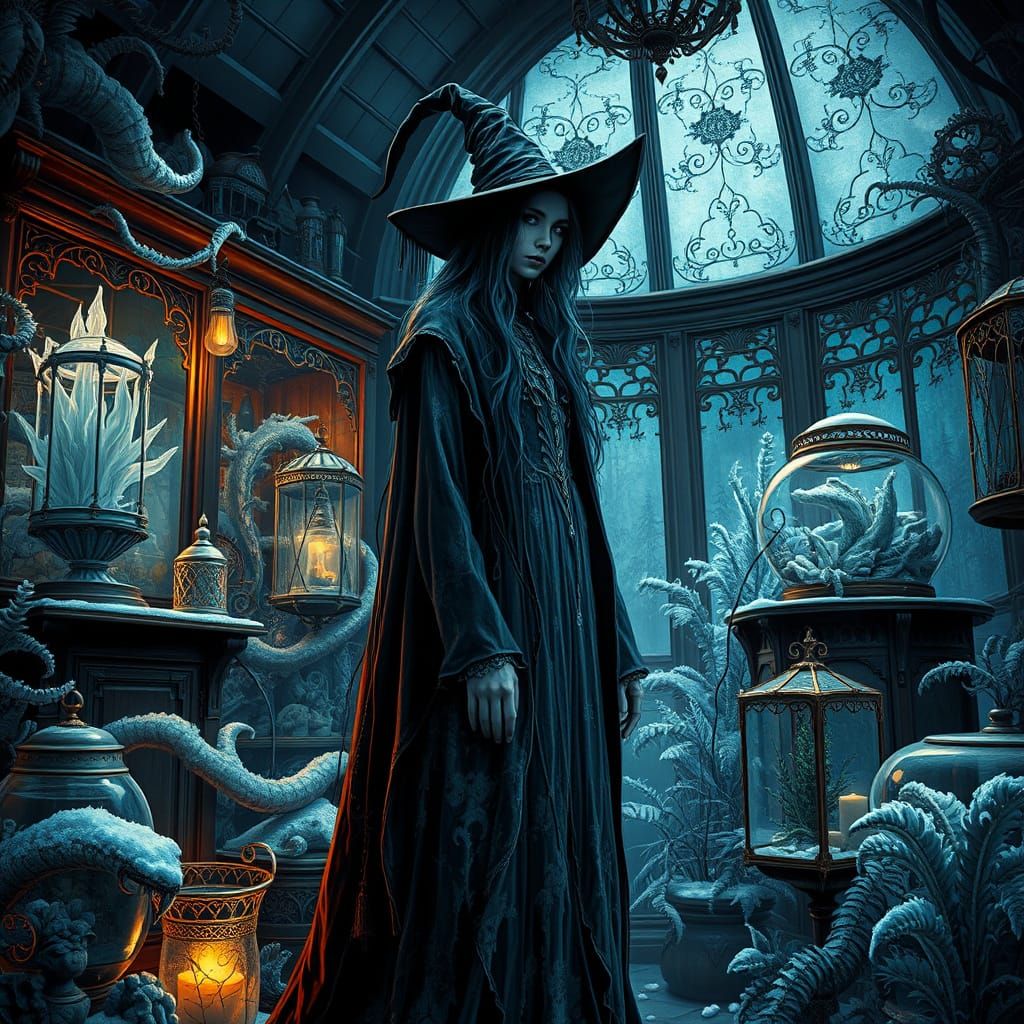 Enchanted Ice Witch Amidst Steampunk Botanicals