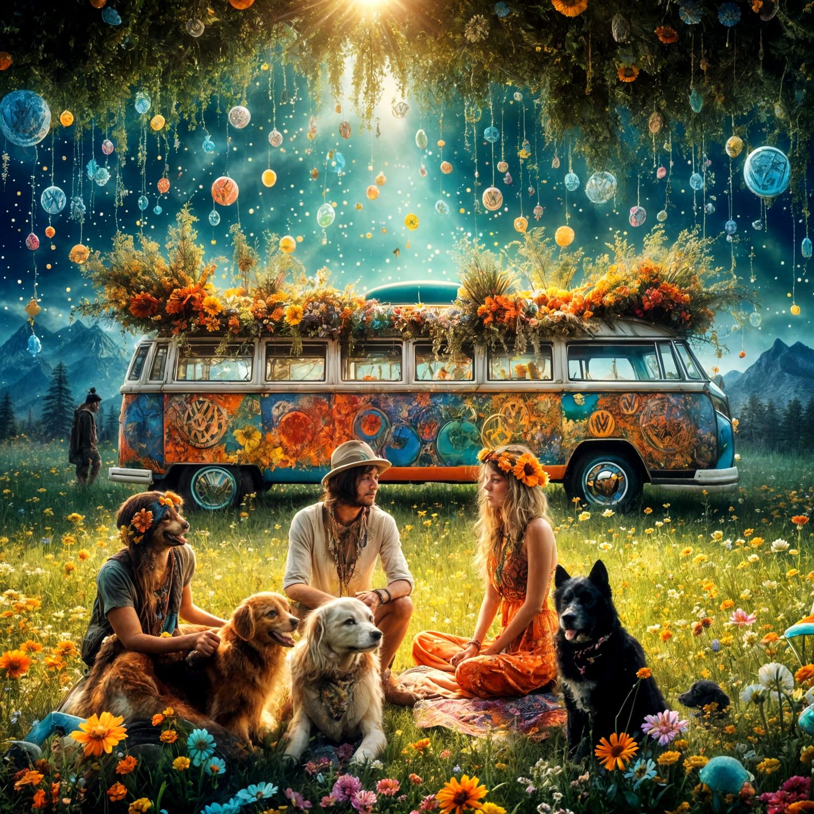 Hippie Couple in Sunlit Meadow with VW Bus