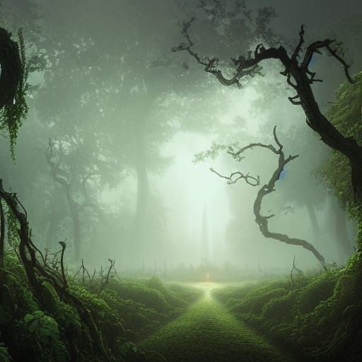 Mysterious Shadow People in Misty Forest