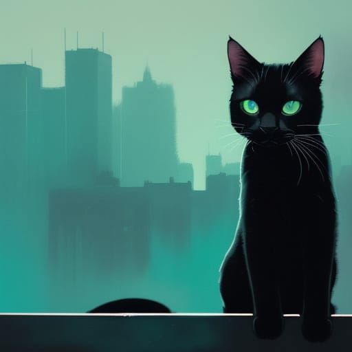 Black Cat Gazing at Cityscape in Ethereal Style