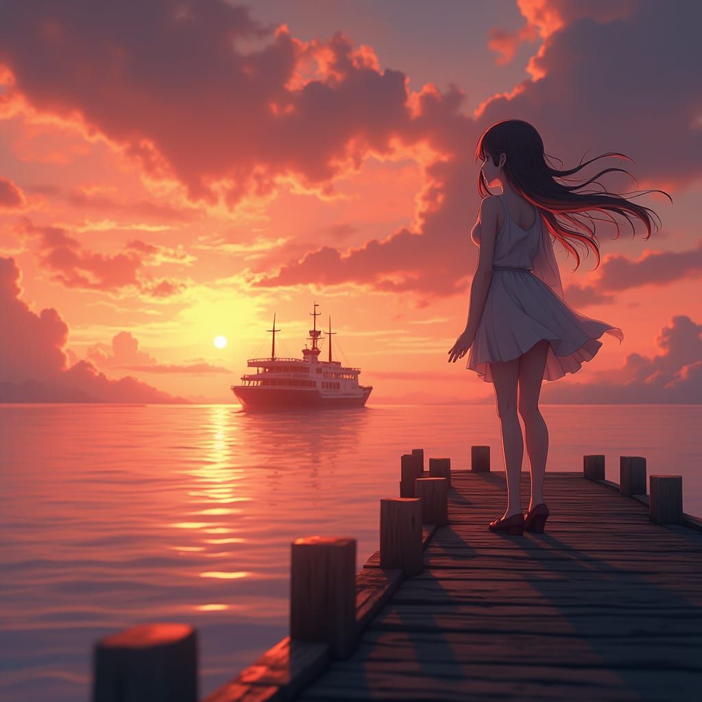 Sad Woman Watches Ship Depart at Sunset