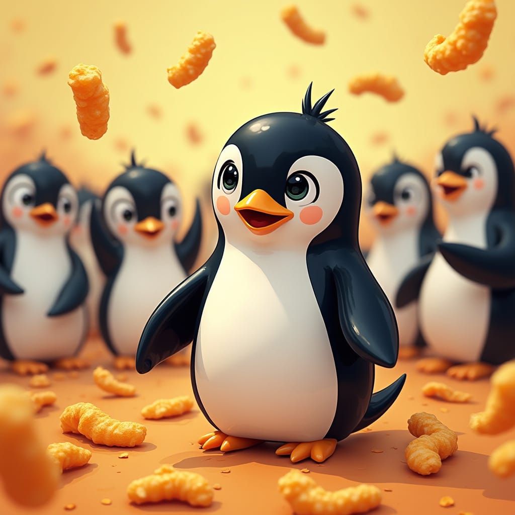 Glossy Glass Penguins Team with Cheetos, Digital Art