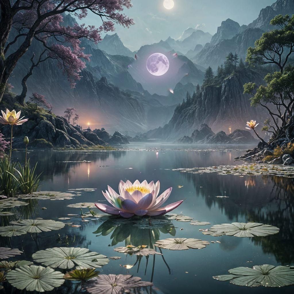 Moonlit Lotus on Silver Lake: Detailed Matte Painting
