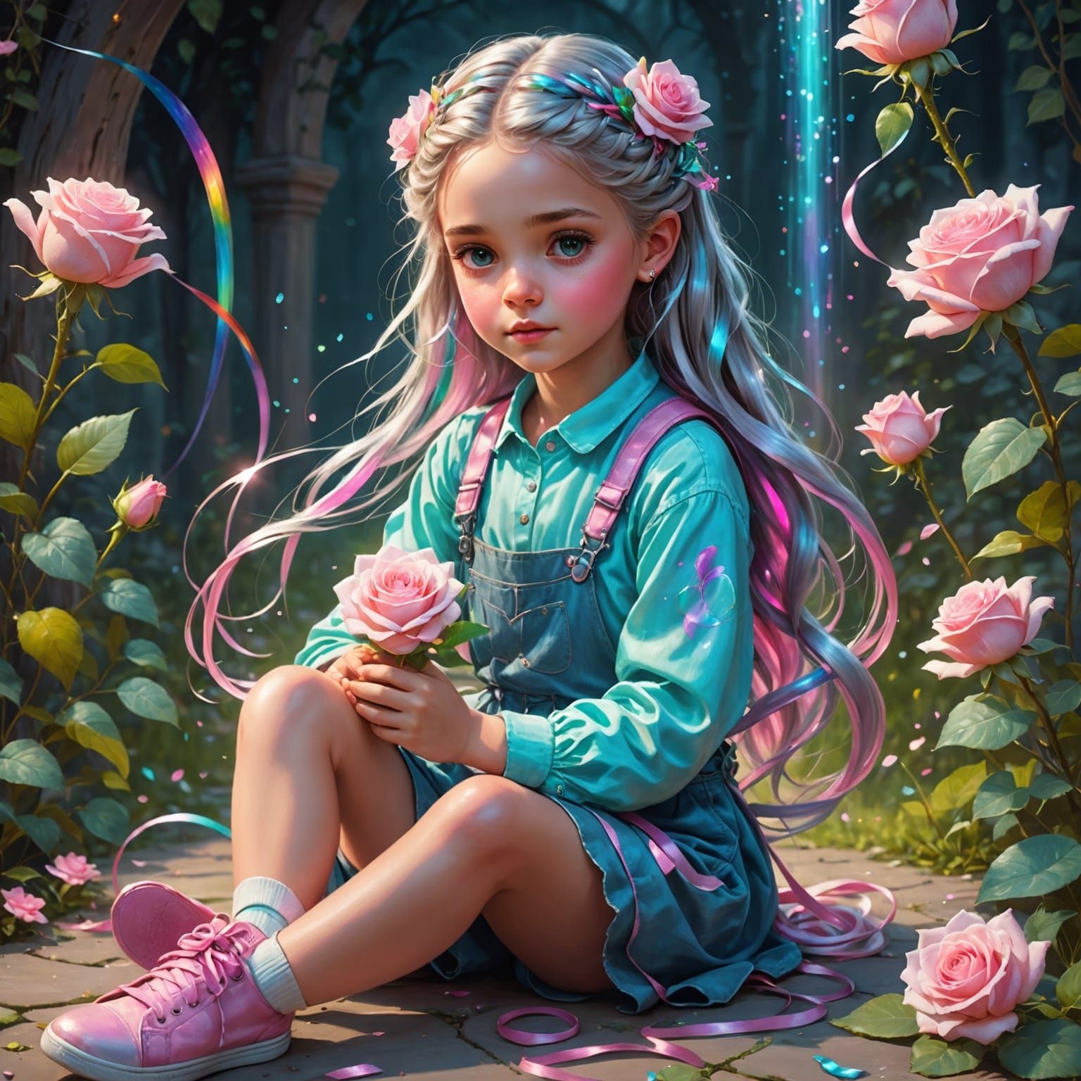 Storybook Fantasy: Girl with Silver Braids and Rainbow Rose