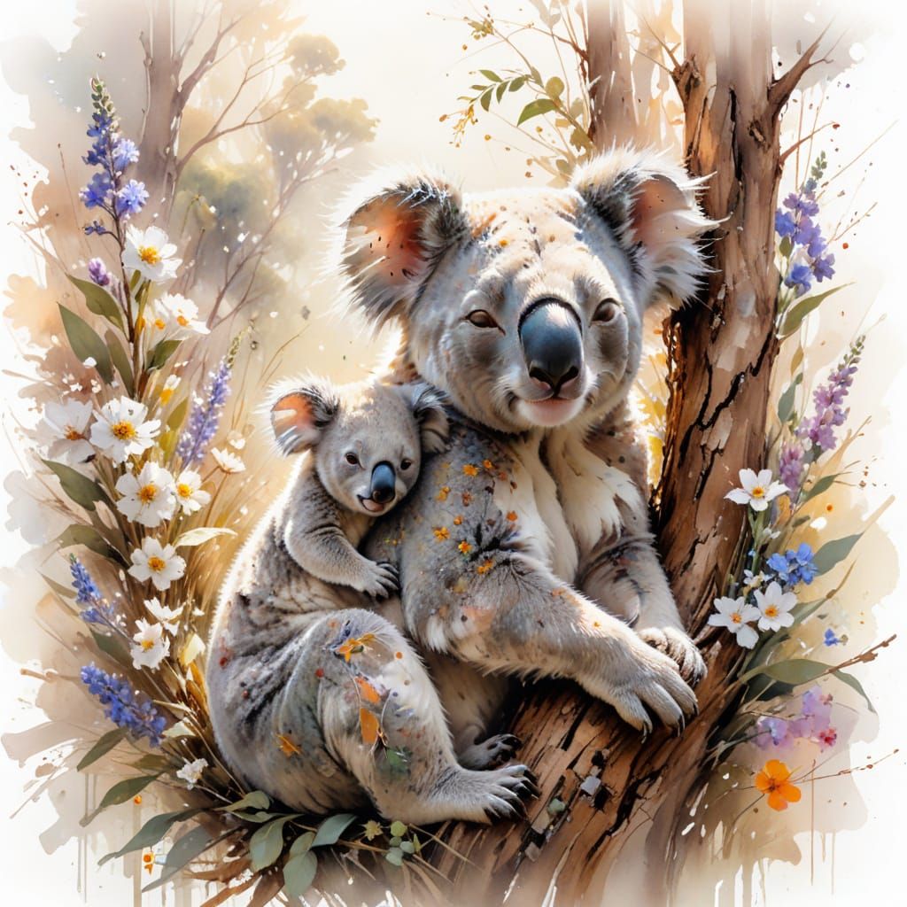 Heartwarming Koala Family Nap in Sunlit Wildflowers