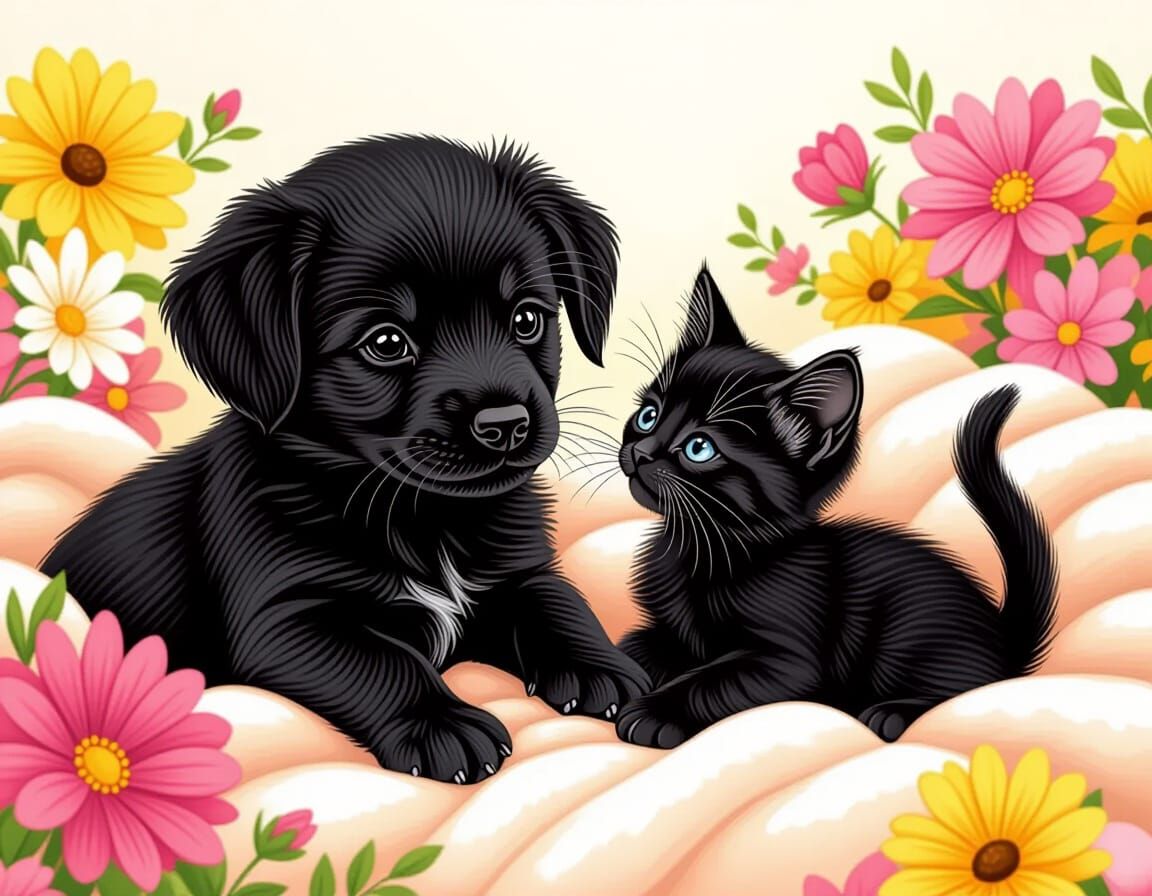 Cute Puppy and Kitten Colored Pencil Drawing