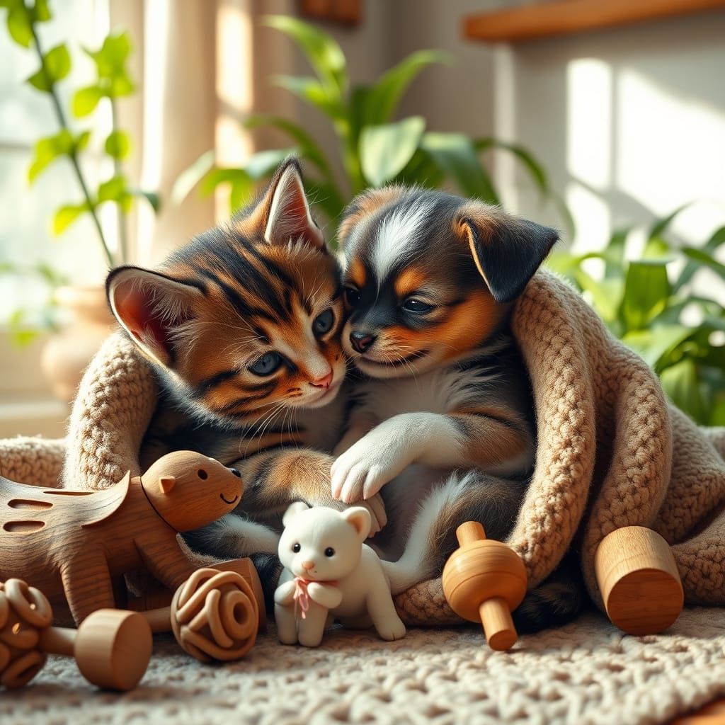 Hyperrealistic Kitten and Puppy Play in Cozy Room