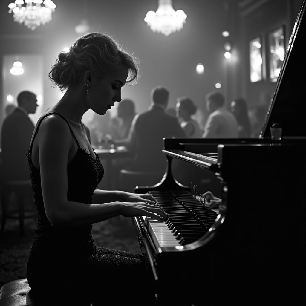 1920s Blonde Pianist in Nightclub, Black and White