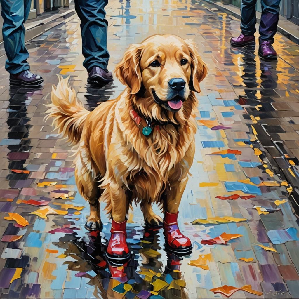 Golden Retriever in Boots: Neo-Impressionist Oil Painting