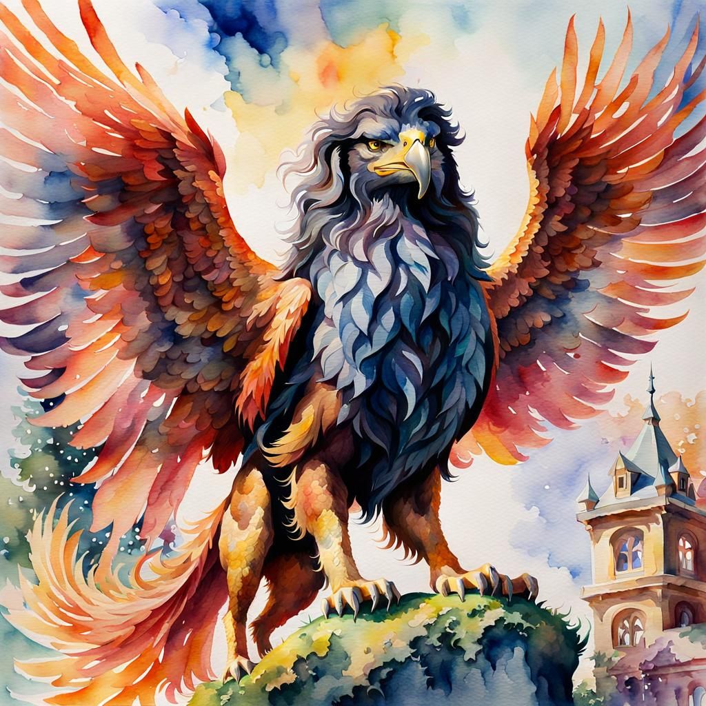 Mythical Griffin Pet with Hagrid, Watercolor Painting