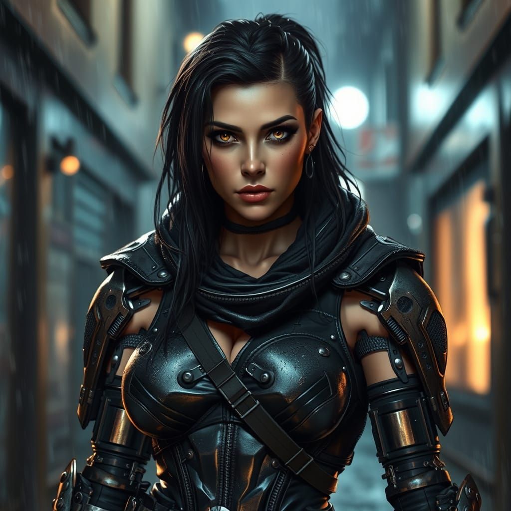 Cyborg Enforcer in Rainy Alley