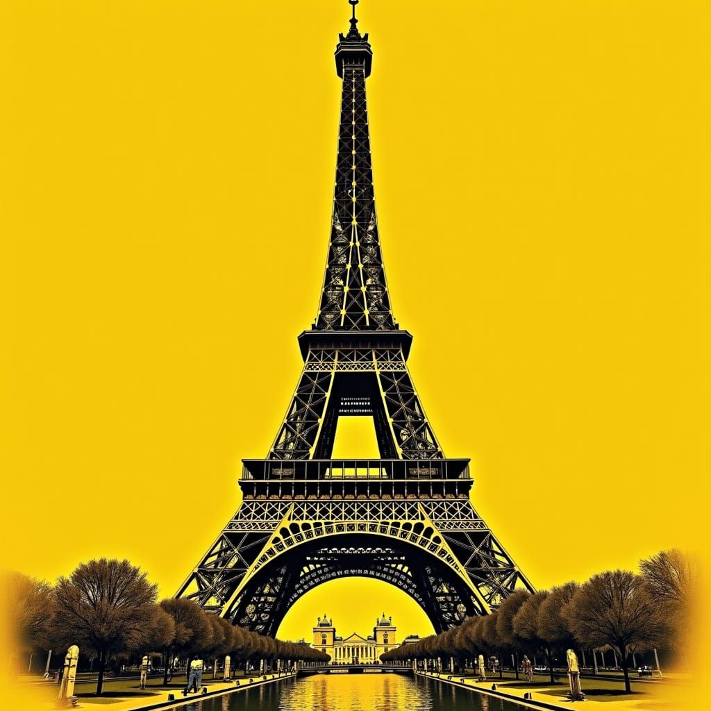 Eiffel Tower Black Ink Illustration on Yellow