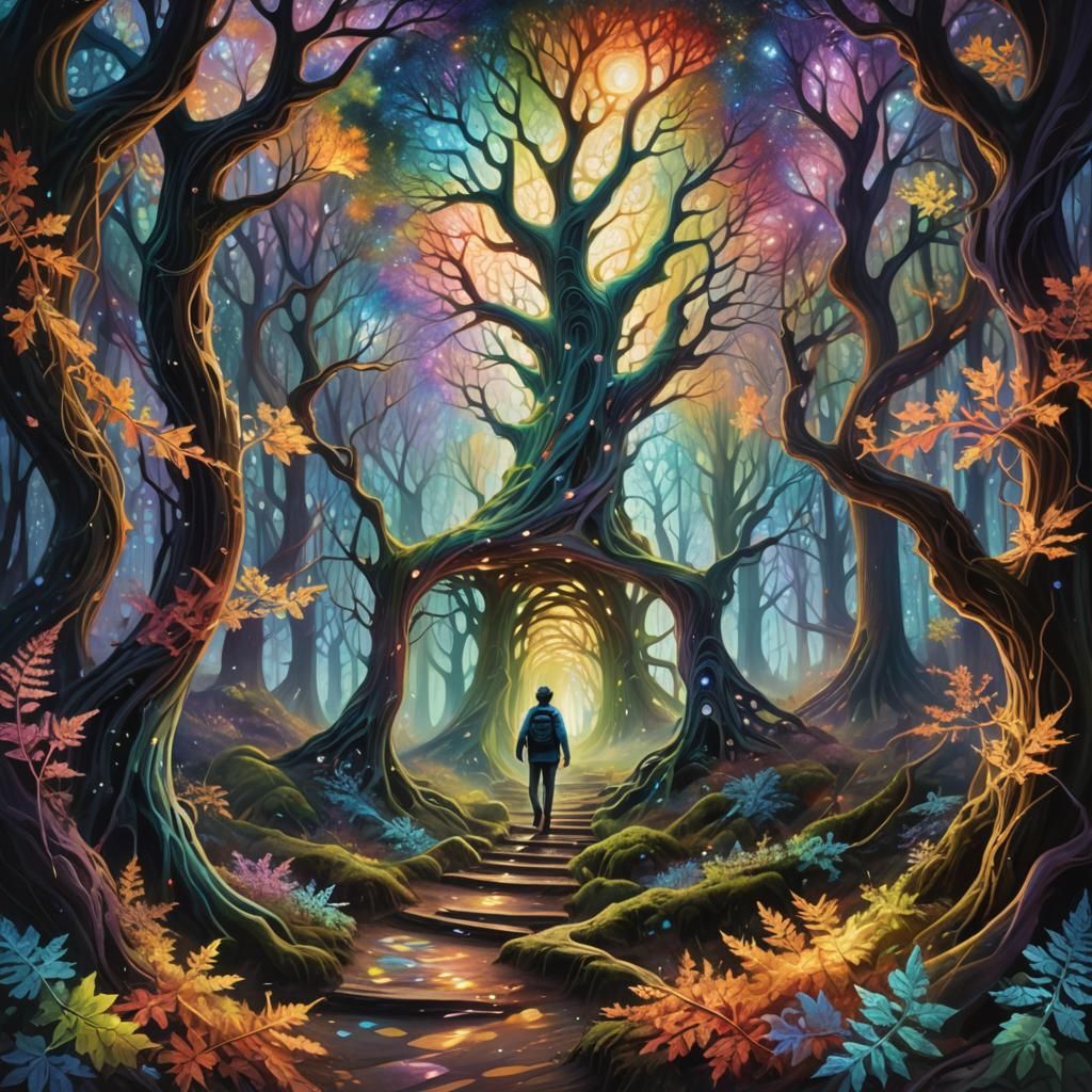Wanderer in Fractal Forest: Surreal Oil Painting