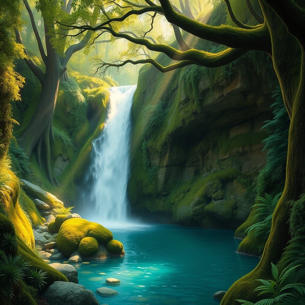 Enchanted Waterfall Scene in Ethereal Style