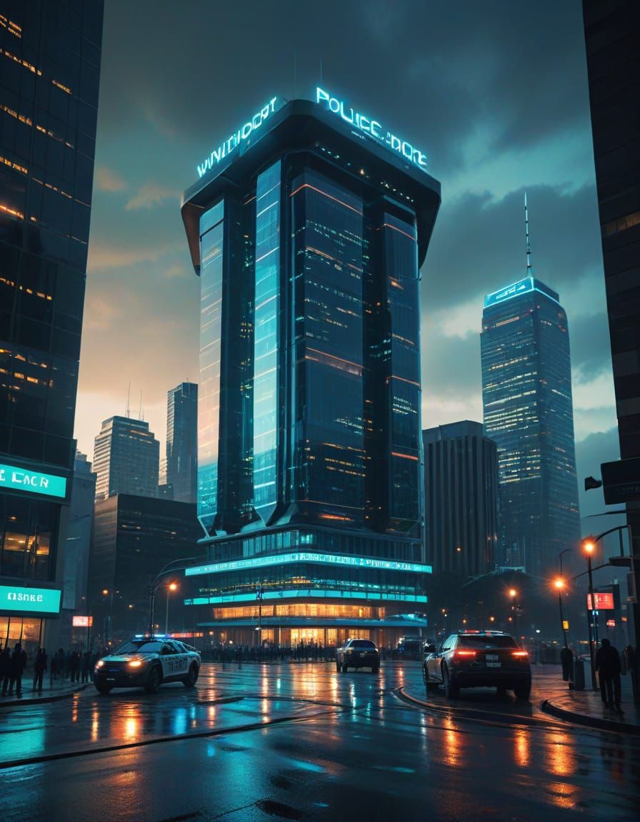 Neon-Noir Police Headquarters in Futuristic Urban Landscape