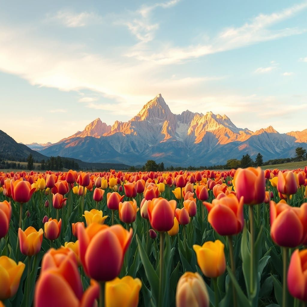 Surreal Landscape of Golden Tulips Amidst Majestic Mountains