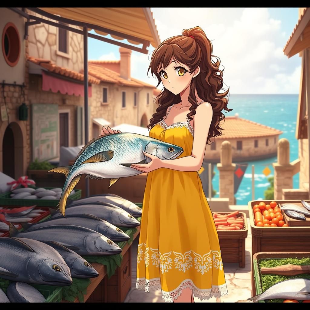 Italian Anime Girl at Fish Market, Ghibli-Style