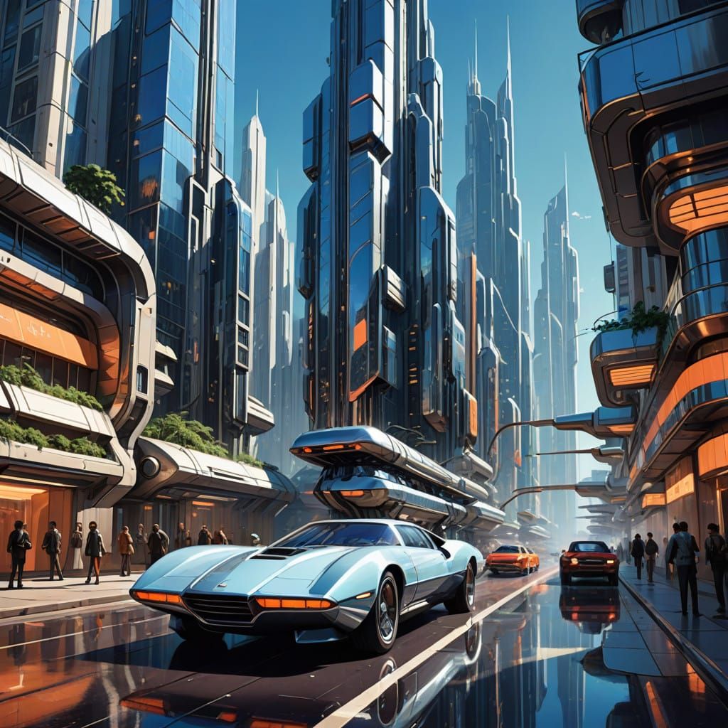 Futuristic Metropolis with Retro-Futuristic Flying Cars