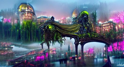 Hooded Alien in Forest City: Cyberpunk Art