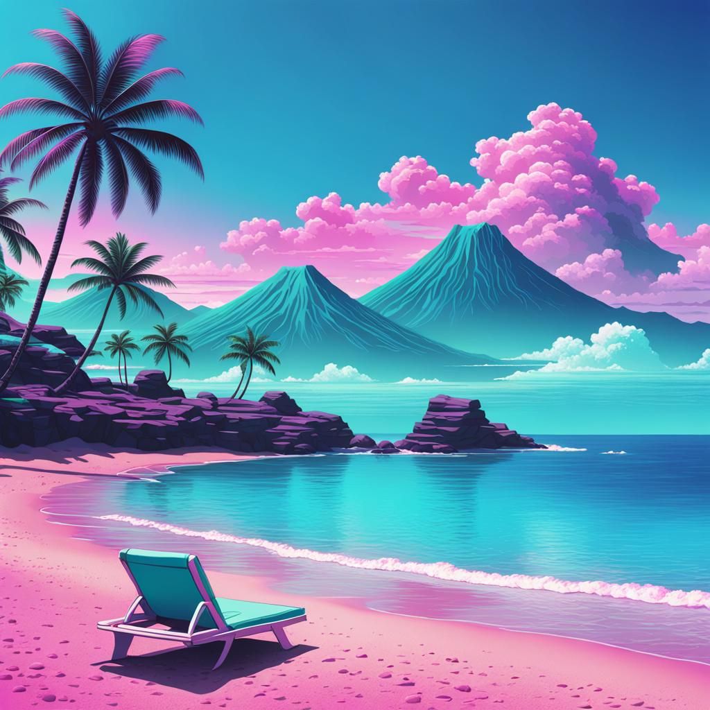 Surreal Beachscape in Retro-Futuristic Vaporwave Style