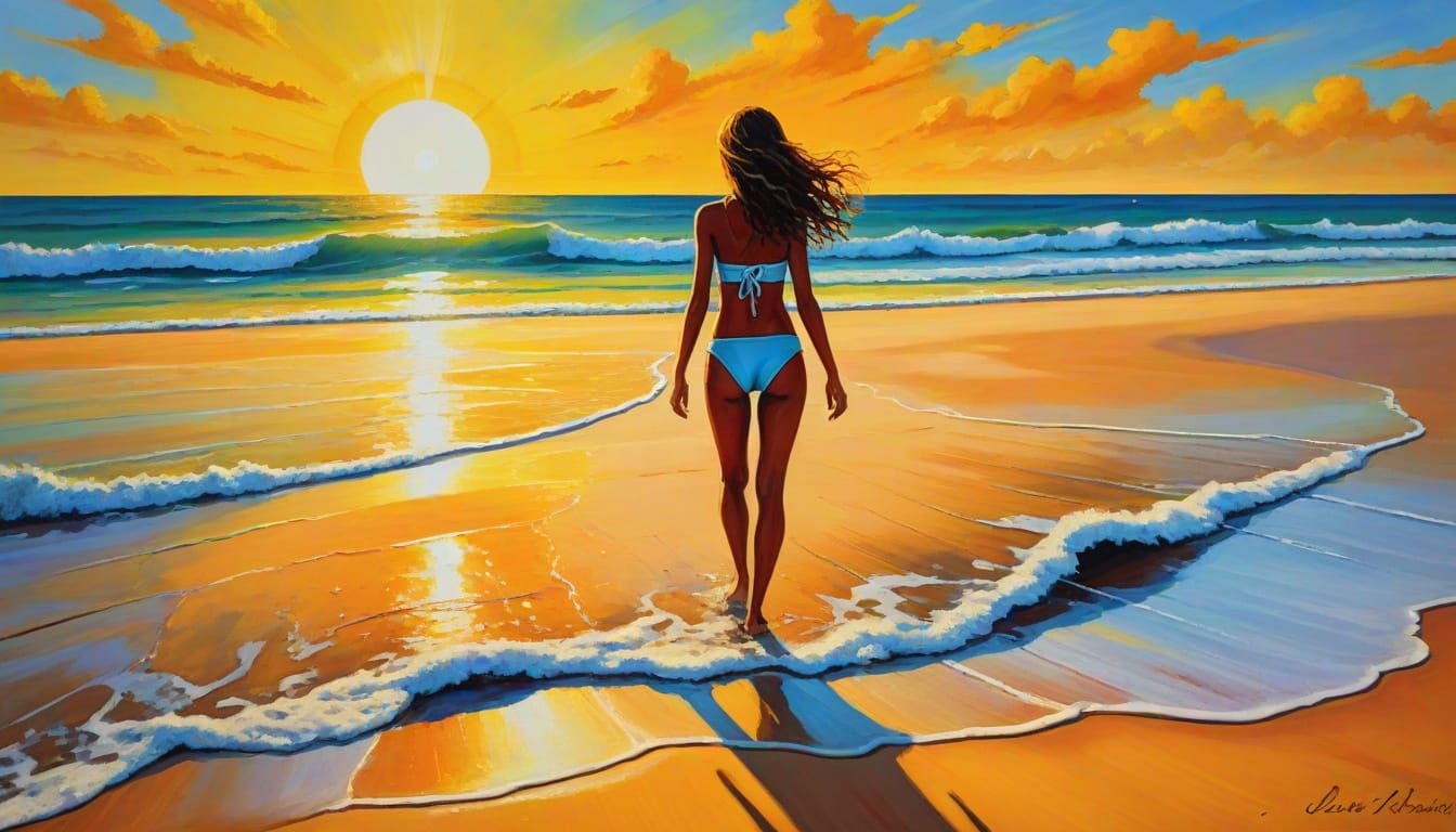 Confident Woman Walking on Warm Beach at Sunset in Vibrant O...