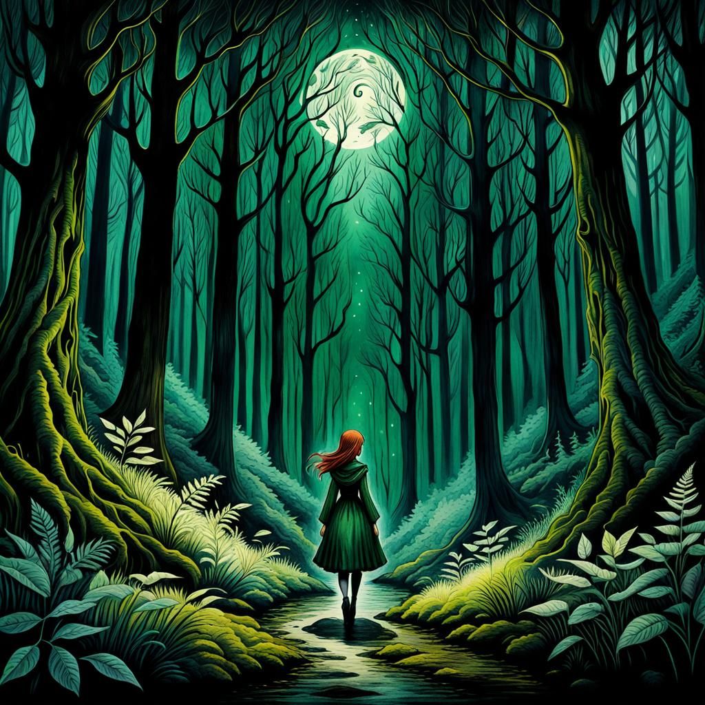 Girl Walks in Dark Forest: Art Brut Watercolor