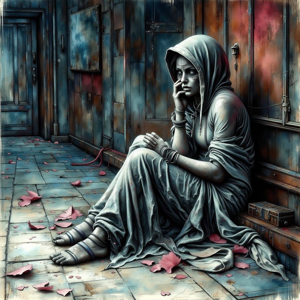 Gothic Homeless Woman in Detailed Pen and Ink Drawing