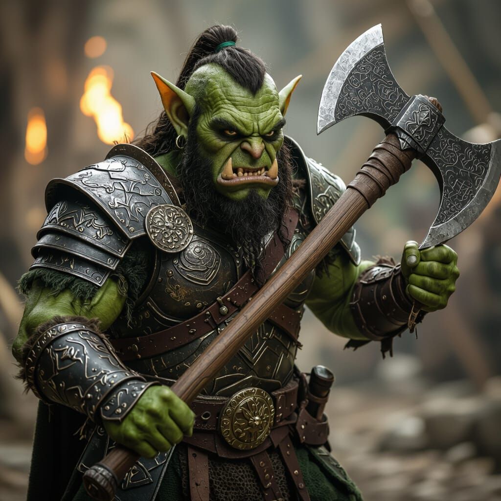 Green Goblin Warrior with Ax in Ornate Armor