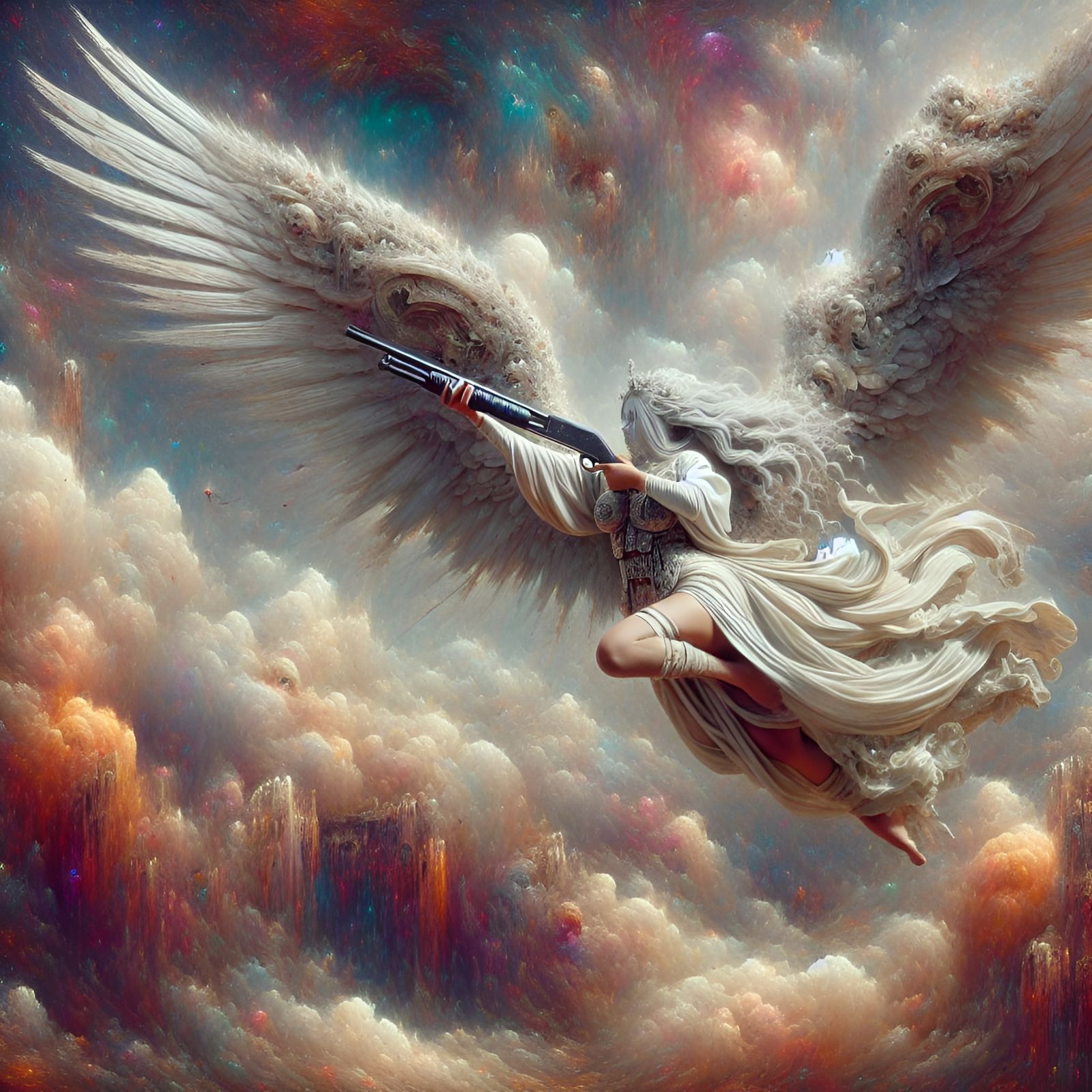 Winged Angel with Shotgun in Flight