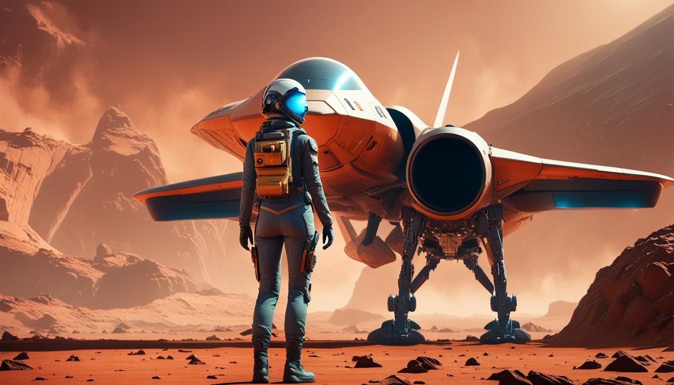 Futuristic Fighter Pilot on Mars in Detailed Matte Painting