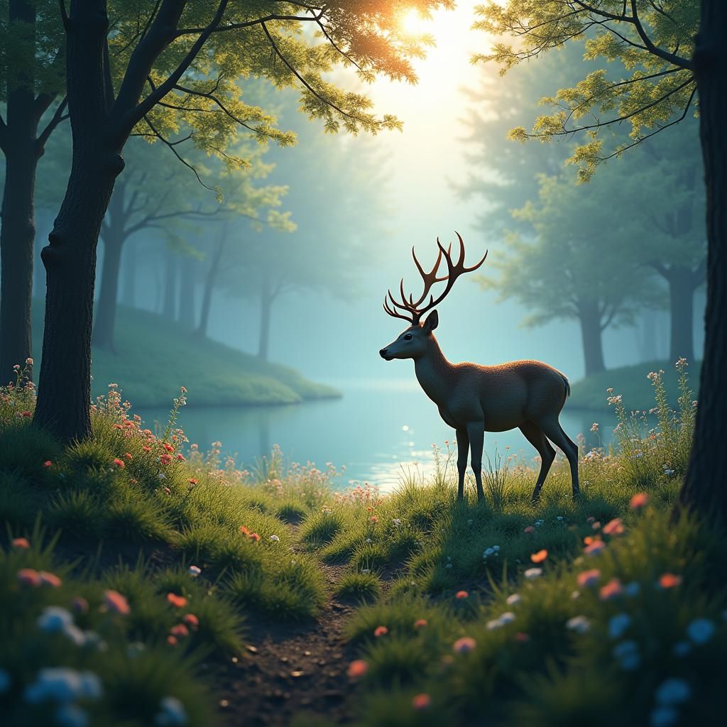 Majestic Deer Emerges from Misty Spring Forest