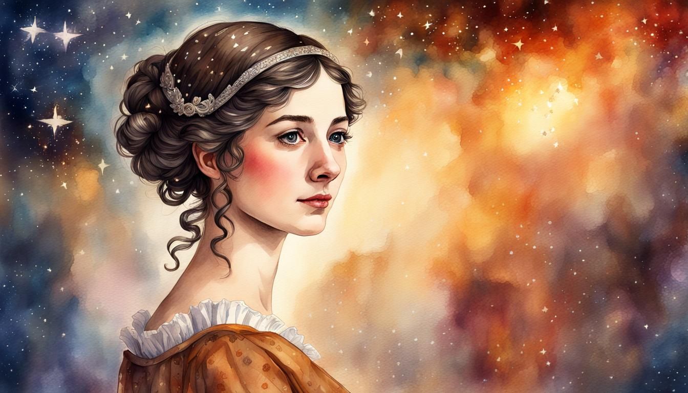 Detailed Watercolor Portrait of Jane Austen in Fantasy Setti...