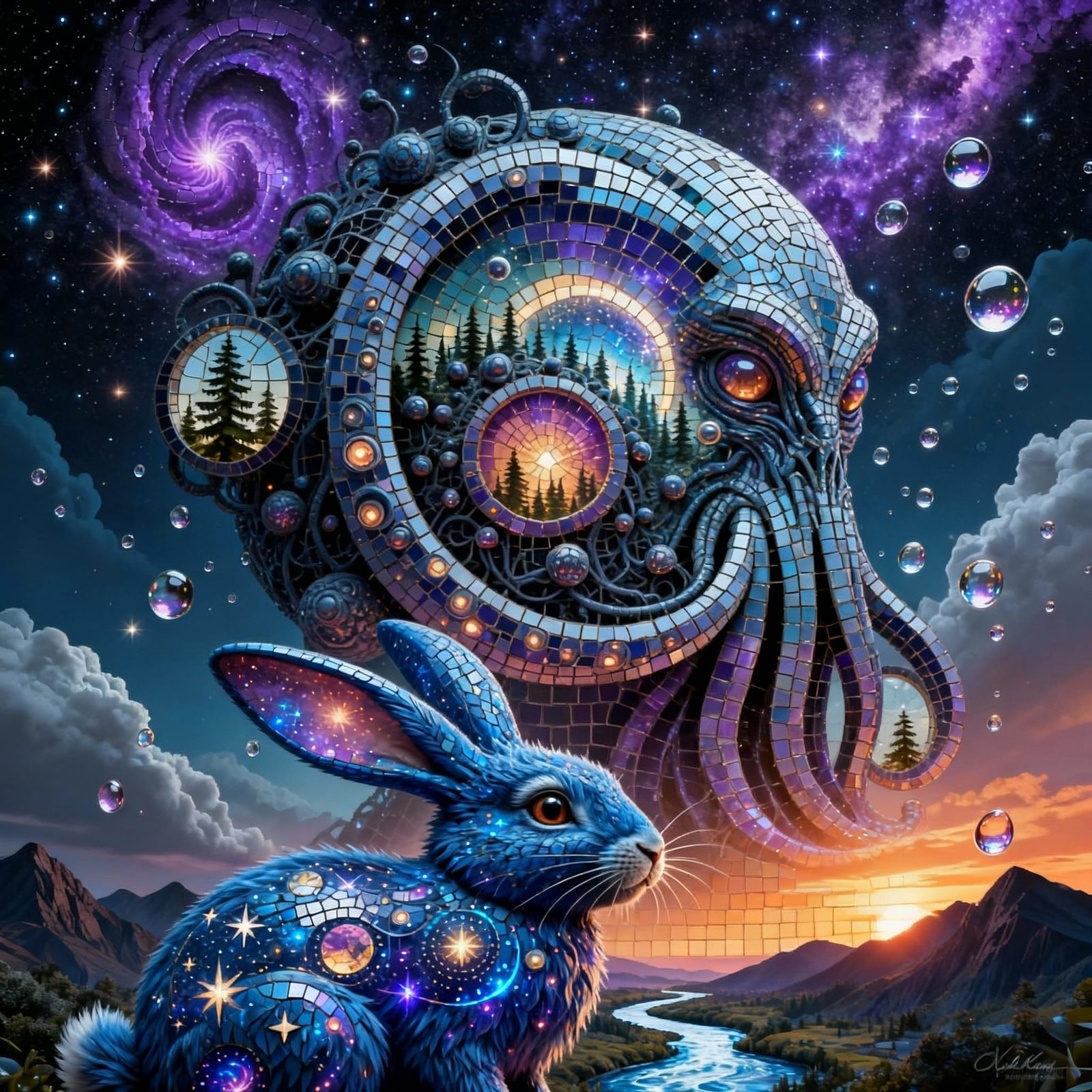 Yog-Sothoth Alien in Psychedelic Nebula Mosaic