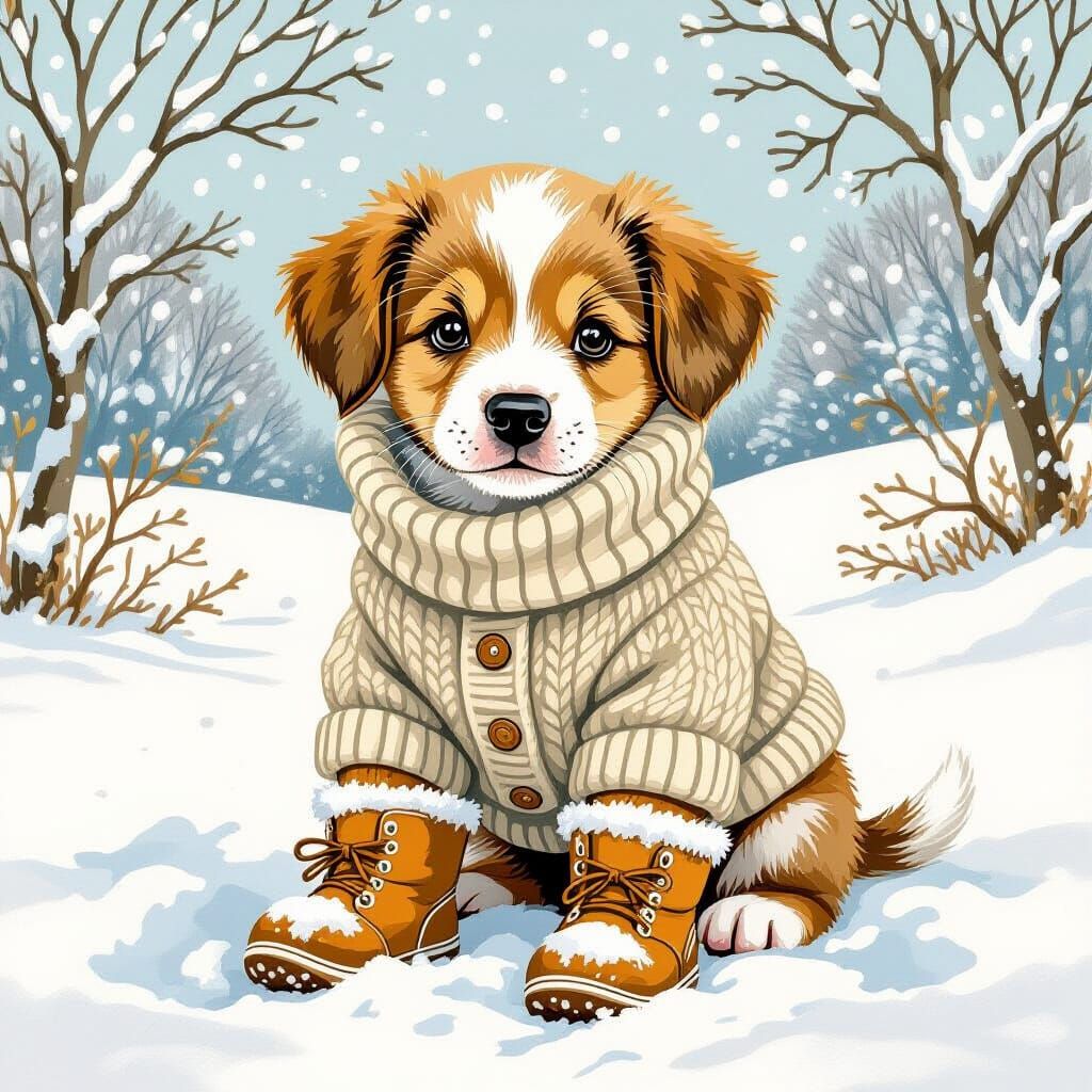 Puppy in Snow Boots, Illustrated Style