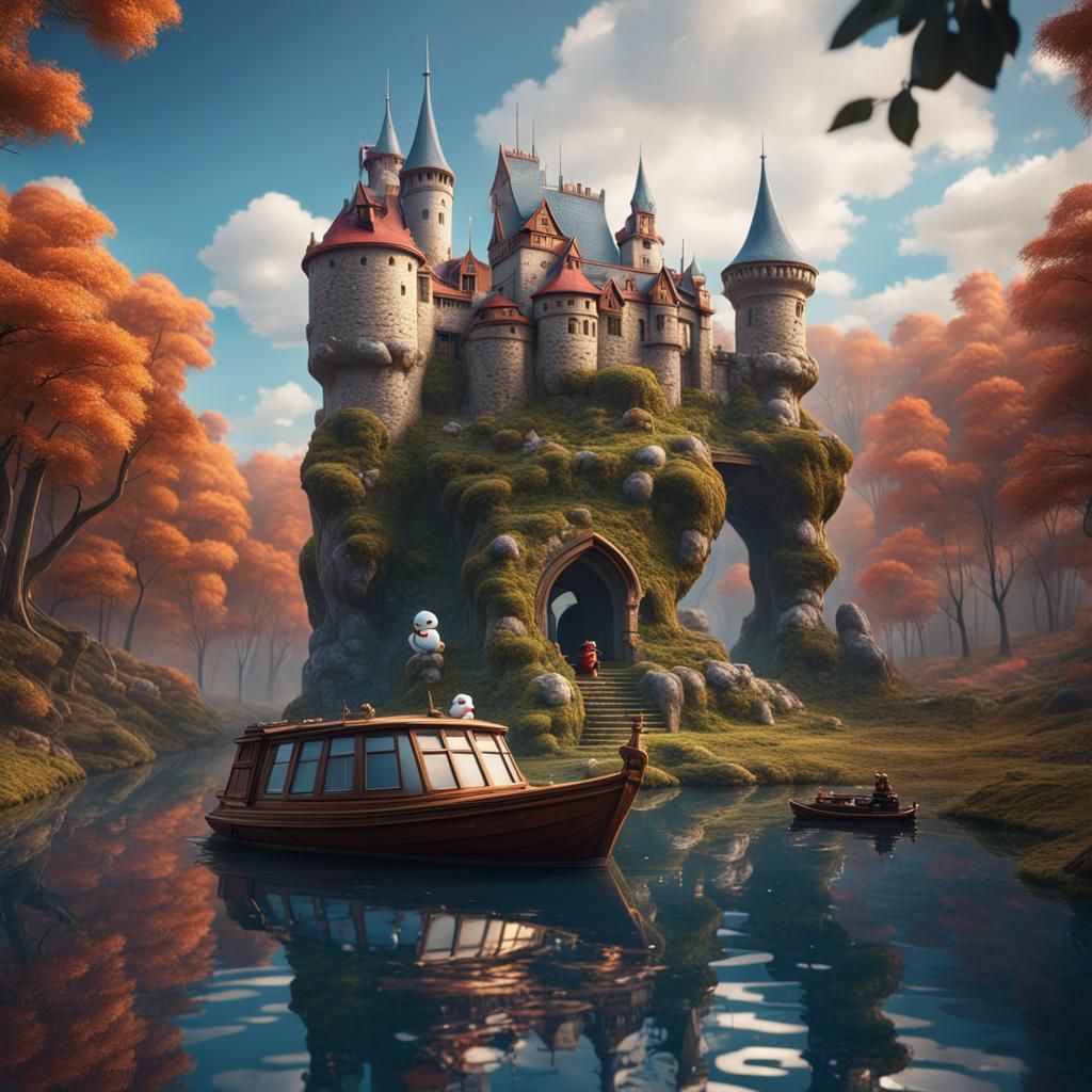 Fairytale Castle in Woods with Snowman, Fantasy Art